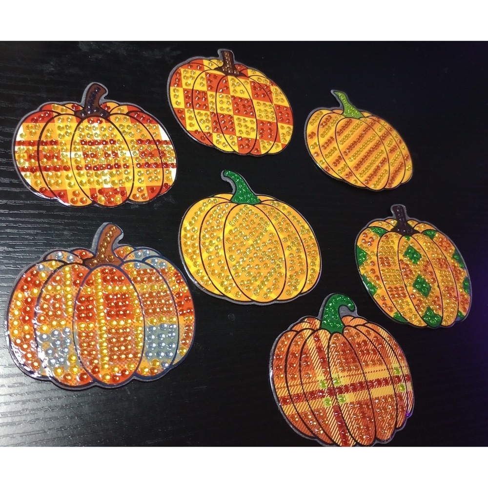Set Of 7 Diamond Painted Fall Halloween Pumpkin Magnets - Set 2